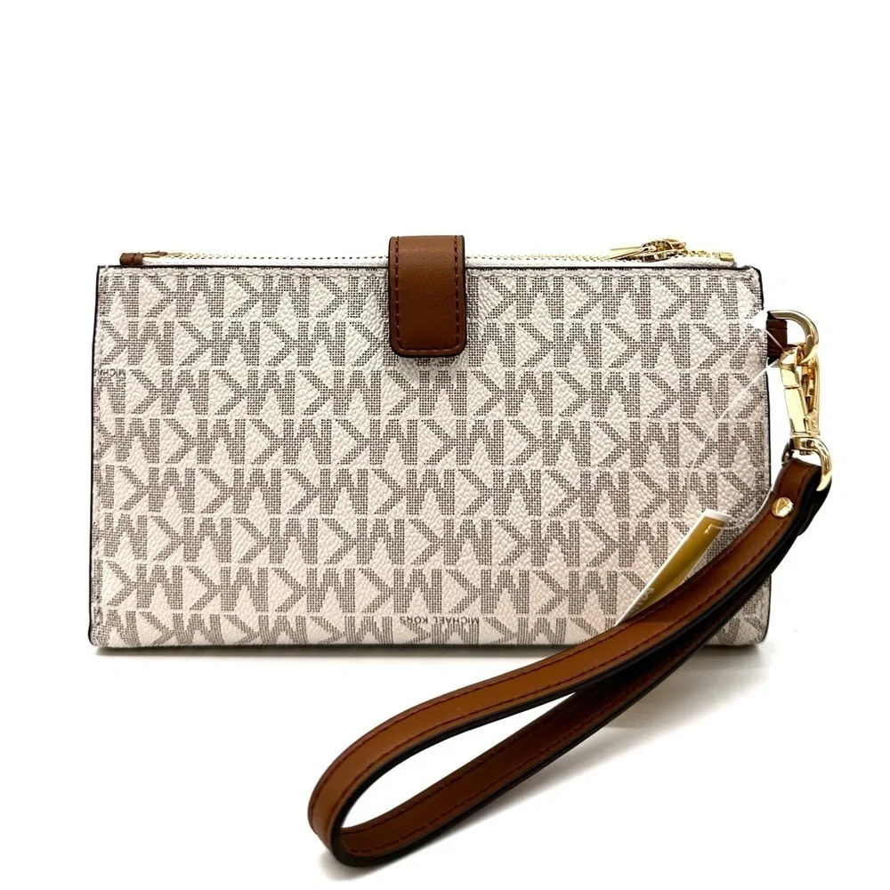 Michael Kors Large Double Zip Wallet Wristlet Vanilla/Brown